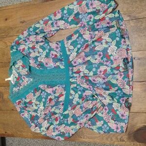 Matilda Jane MAMA Kookaburra Top Blouse Size Large L Green Floral V-Neck Lace